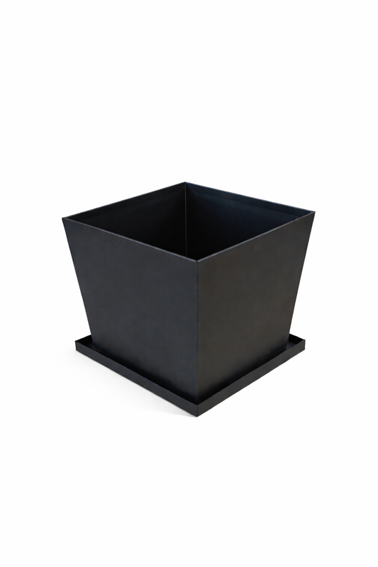 Modern Tapered Metal Planter Box with Tray - Textured Matte Black