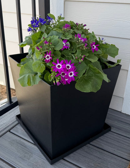 Modern Tapered Metal Planter Box with Tray - Textured Matte Black